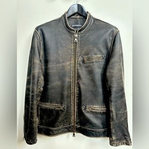 John Varvatos Grey-Black Vintage Moto Distressed Leather Jacket (Size 50, S/M).